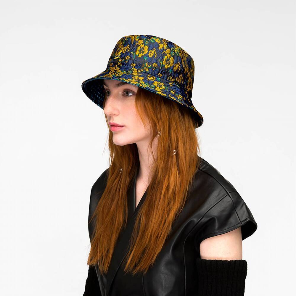 NEW KANGOL women's floral jacquard reversible rain bucket hat in teal/navy - Picture 3 of 4